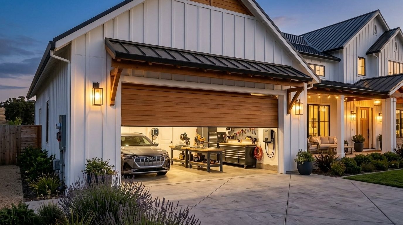 Mateo Local Garage Door Garage Door Gliding Open Revealing Warm Illuminated Interior